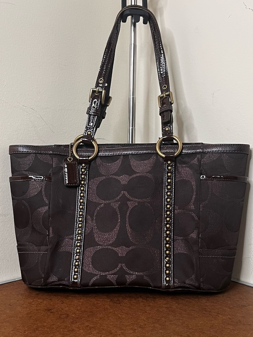 Coach Vintage Y2K Gallery Signature Studded Tote Bag Dark Chocolate Bronze 11505